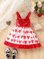 Baby Girls' Heart Print Dress With Bow Decoration