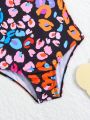 Young Girl's One Piece Swimsuit, Colorful Leopard Print