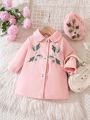 Baby Girls' Woolen Coat With Flower Embroidery And Front Button Closure + Hat