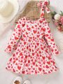 SHEIN Kids CHARMNG Little Girls' Round Neck Long Sleeve A-line Dress With Heart Print And Hairband, Spring And Autumn