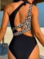 SHEIN Swim Vcay Leopard Print Cutout One Shoulder Swimsuit With Knot Detail