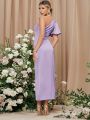 SHEIN Solid One Shoulder Lantern Sleeve Split Thigh Bridesmaid Dress