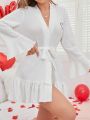 Women's Heart Pattern Bell Sleeve Peplum Hem Robe With Waist Belt