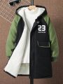 SHEIN Kids EVRYDAY Boys' Hooded Coat With Slogan Print And Fleece Lining