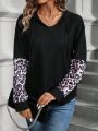 SHEIN LUNE Leopard Patchwork Long-sleeved Hooded Sweatshirt