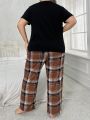 Plus Size Cartoon Printed Short-Sleeved T-Shirt And Plaid Pants Pajamas Set