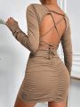 SHEIN Essnce Lace Up Backless Ruched Bodycon Dress