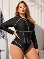 SHEIN Swim SPRTY Plus Size Women'S Raglan Sleeve One Piece Swimsuit