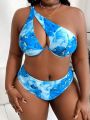 SHEIN Slayr Summer Beach Plus Marble Print One Shoulder Underwire Bikini Set