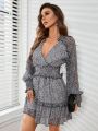 Ladies' V-neck Random Floral Lace Long-sleeved Dress