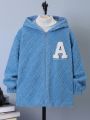 SHEIN Kids KDOMO Tween Boy Letter Patched Hooded Teddy Coat Without Sweater