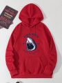 Men'S Shark & Letter Printed Fleece Hoodie With Drawstring