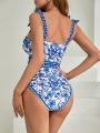 SHEIN DD+ Floral Print Knotted Shoulder One Piece Swimsuit