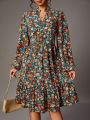 SHEIN Tall Floral Print Notched Neckline Long Sleeve Dress