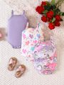 SHEIN Newborn Baby Girl 3pcs Cartoon Graphic Cami Bodysuit