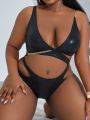 SHEIN Swim SXY Women's Plus Size Chain & Crocodile Skin Pattern Cut-out One-piece Swimsuit