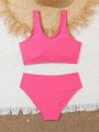 Tween Girls' Solid Color Ruffled Textured Swimsuit Set