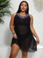 SHEIN Swim BohoFeel Plus Size Color Block Asymmetrical Hem Sleeveless Perspective Cover Up Dress