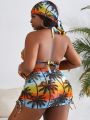 SHEIN Swim Vcay Plus Size Tropical Print Ombre Swimsuit 4pcs Set