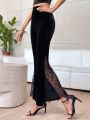 SHEIN Privé Contrast Lace Flare Leg Velvet Pants