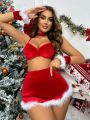 SHEIN Christmas Fuzzy Trim Underwire Lingerie Set With 1pair Gloves