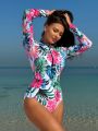 SHEIN Swim SPRTY Women's Stand Neck Full Body Printed One-Piece Swimsuit