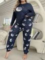 Women'S Plus Size Pajama Set With Moon & Star Printed Long Sleeve Top And Pants