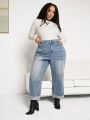 SHEIN CURVE+ Plus Pearls Beaded Detail Wide Leg Jeans