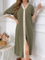 Color Block Fleece-Lined Ribbed Knitted Homewear Robe