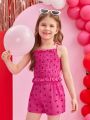 SHEIN Kids EVRYDAY Little Girls' Simple Heart Print Sweet Tank Top And Shorts Summer Outfits