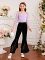 SHEIN Kids FANZEY Teen Girls' Flared Pants With Lace Spliced And Ruffle Hem