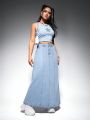 SHEIN ICON Women'S Light Blue Washed Long Denim Skirt With Side Slits