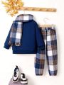 SHEIN Kids EVRYDAY Little Boys' Stand Collar Long Sleeve Sweatshirt And Plaid Pants Matching Scarf Outfits