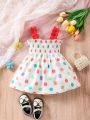 Baby Girl'S Casual Striped Polka Dot Dress With Design Sense And Floral Accessory