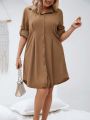 SHEIN LUNE Plus Fold Pleated Detail Roll Tab Sleeve Dress