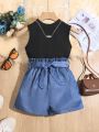 SHEIN Kids EVRYDAY Girl's Solid Color Vest And Shorts 2 Piece Set