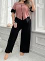 Women'S Plus Size Contrast Color Button Detail Top And Solid Wide-Leg Pants Pajama Set