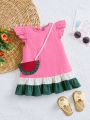 SHEIN Baby Colorblock Ruffle Trim Dress With Bag