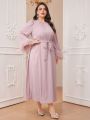 SHEIN Modely Plus Size Belted Furry Sleeve Cuff Flared Sleeve Dress