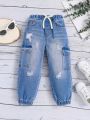 SHEIN Young Girl Casual Mid-Rise Elastic Waistband Ripped Jeans With Cuffed Hem Design