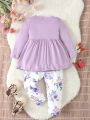 2pcs Baby Girls' Purple Floral Print Outfits