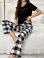 Ladies' Letter Printed Top & Checkered Pants Home Wear Set