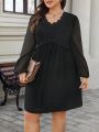 SHEIN Frenchy Plus Size Lantern Sleeve Dress With Mesh And Scalloped Edge