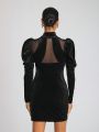 POSHFEM Mock Neck Gigot Sleeve Velvet Bodycon Dress