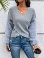 SHEIN LUNE Women's Patchwork Plush Long Sleeve Cross Wrap Sweater