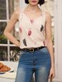 SHEIN Frenchy Feather Print Embroidered Patchwork Camisole Top