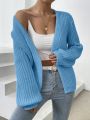 SHEIN Frenchy Ribbed Knit Lantern Sleeve Duster Cardigan