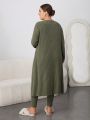 SHEIN Essnce Plus Size Women'S Drop Shoulder Long Sleeve Ribbed Coat And Cami Jumpsuit Set