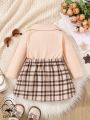 SHEIN Baby Girls' Casual Elegant Academy Style Vintage Plaid Dress With Turn-down Collar & Bow Decor For Autumn/winter