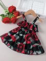 Baby Girls' Spaghetti Strap Dress With Romantic Ruffle Hem, Floral Prints, And Vintage Chiffon Material, Casual Style For Spring & Summer